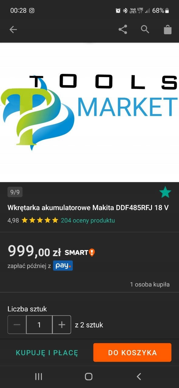Wkrętarka Makita zasilanie akumulatorowe 18 V DDF485Z